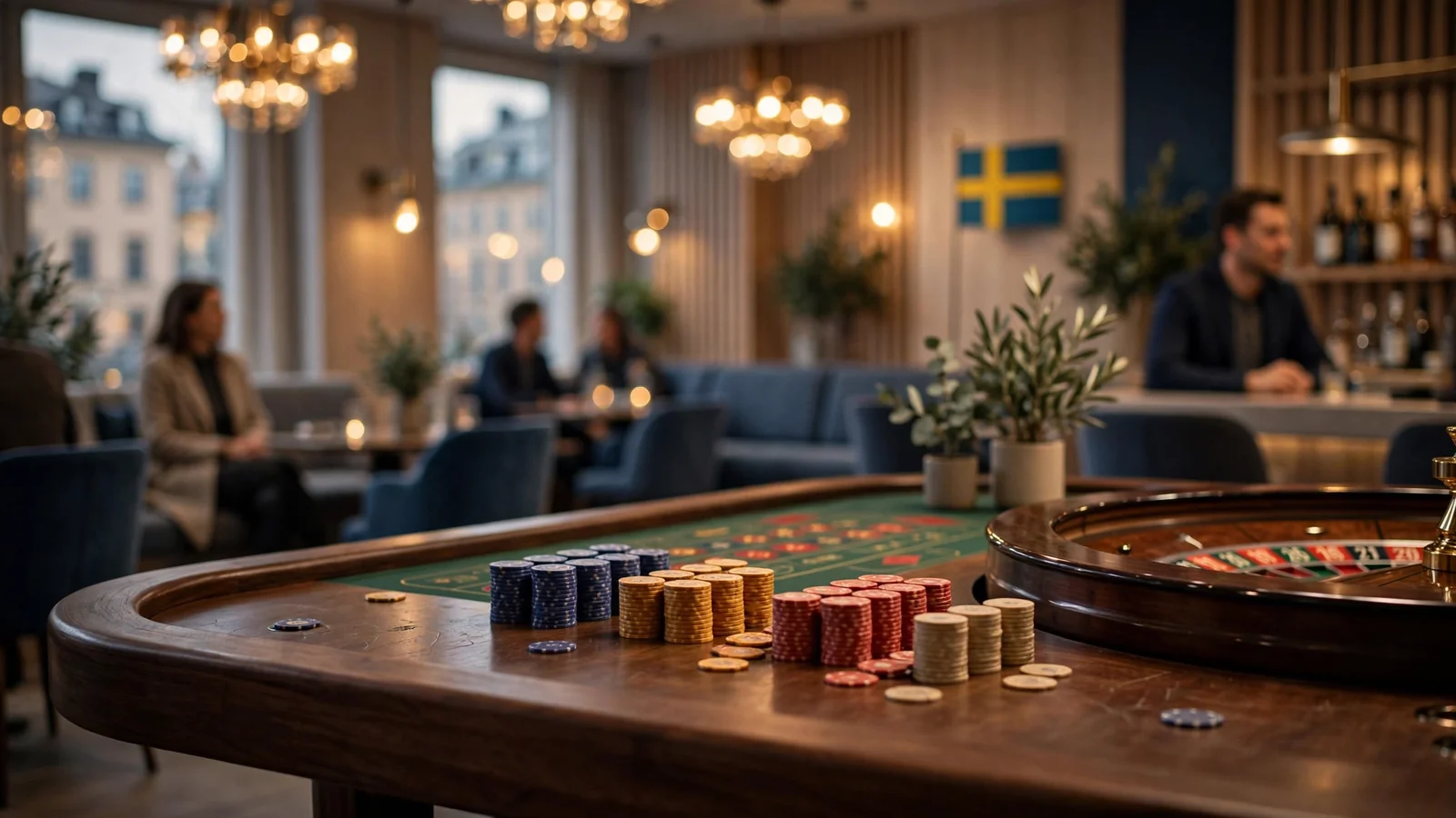 Elegant casinomiljö i Stockholm med roulettebord och färgglada marker