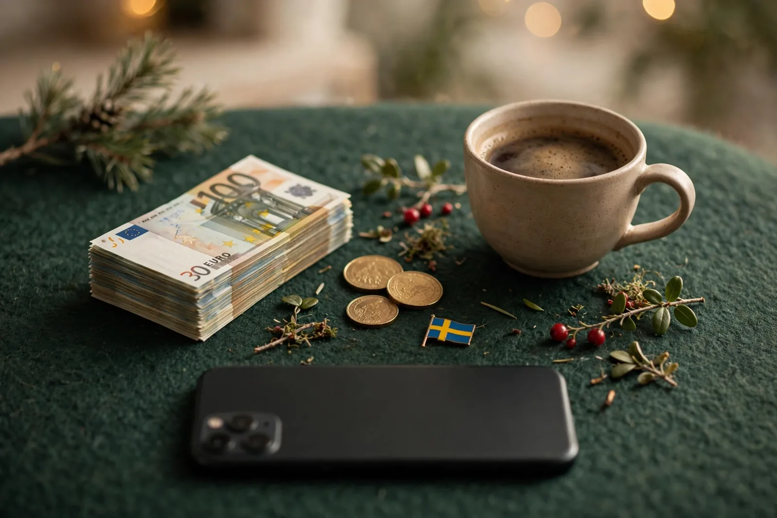 Euro-sedlar och svenska kronor på ett grönt bord med svensk flagga