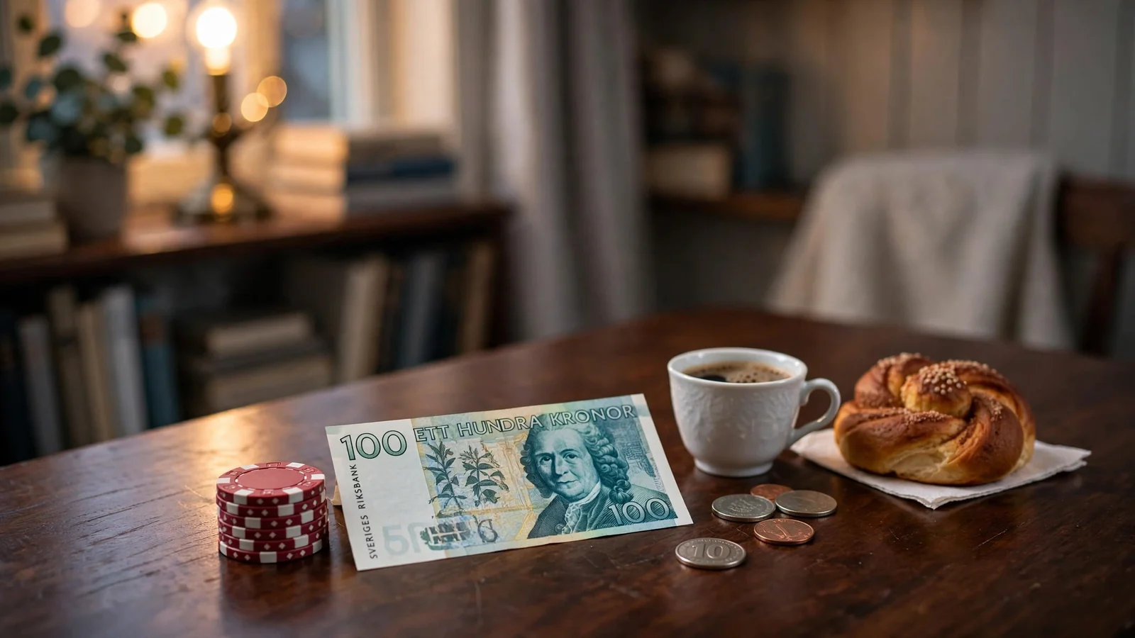 Svenska casinomarker och en hundrakronorssedel på ett träbord med kaffe