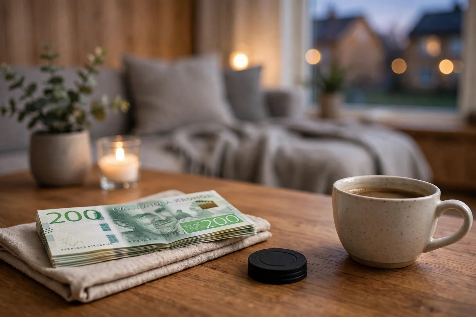 Svensk bostad med 200-kronorssedlar och en pokerjetong på bordet