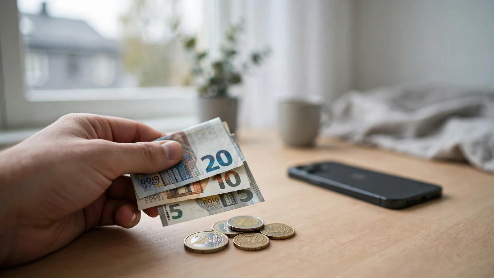 Hand med euromynt och sedlar på ett minimalistiskt skandinaviskt bord