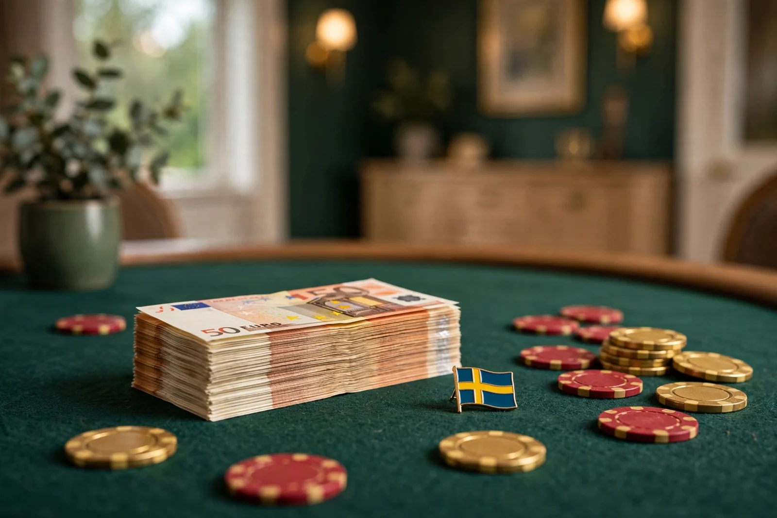 50 euro sedlar och casinomarker på ett grönt bord med svensk flagga