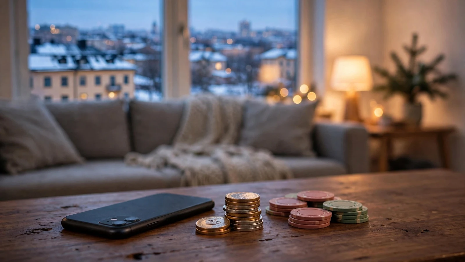 Svensk krona mynt och casinomarker på bord vid fönster med Stockholms vinterutsikt