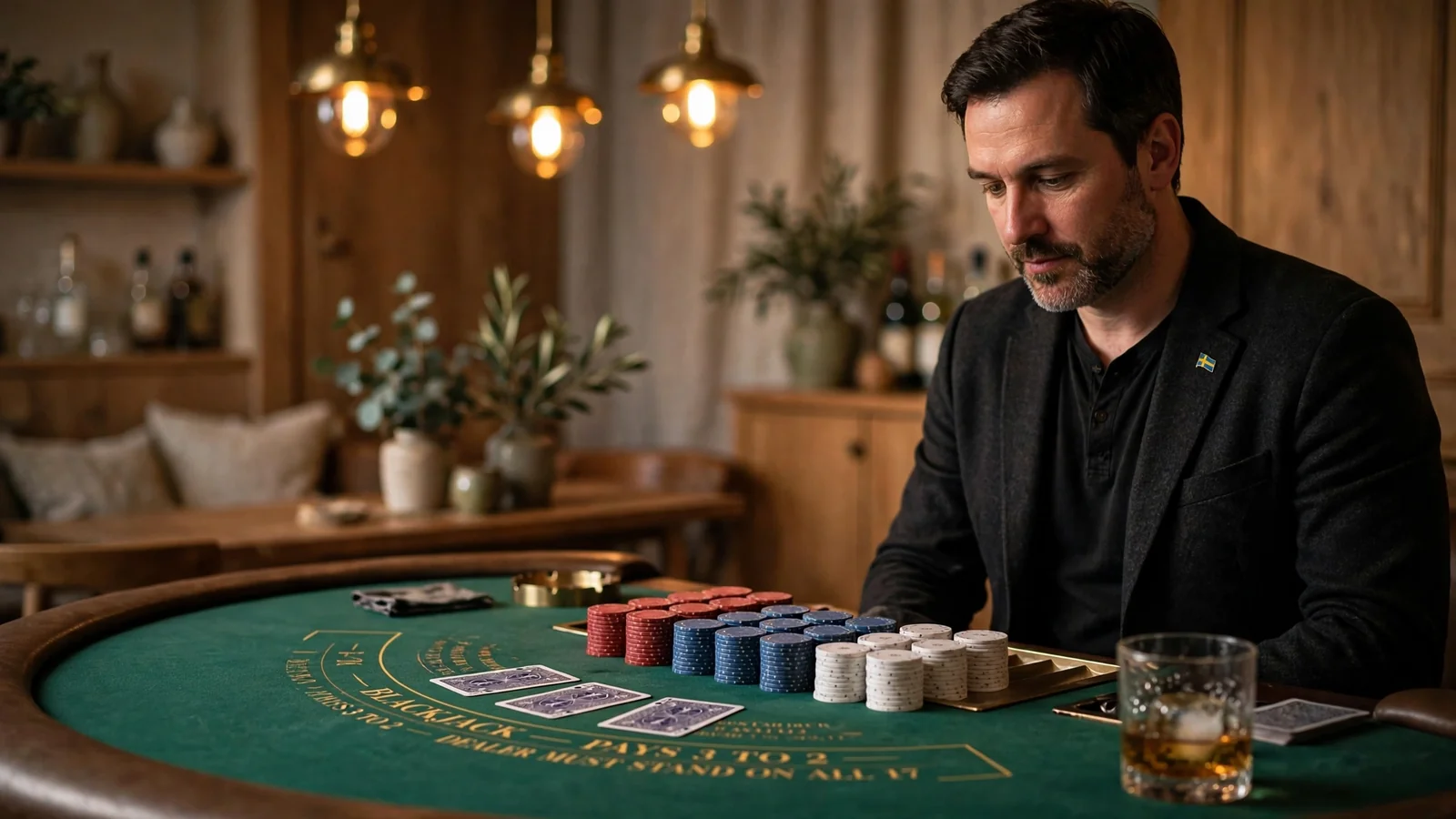 Elegant blackjackbord i en Stockholms casinohall med marker och kort