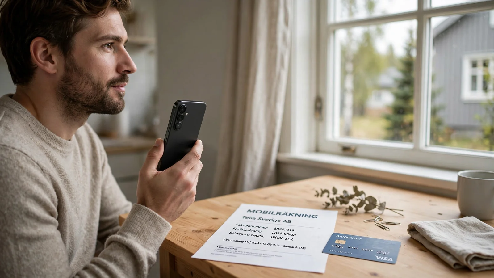 Person med mobiltelefon vid fönster, telefonräkning och bankkort på bordet