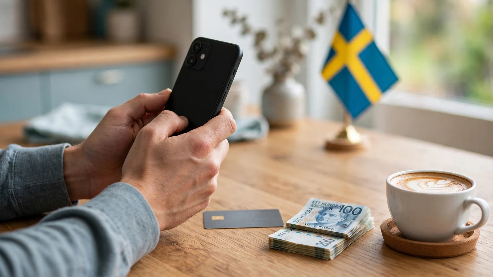 Händer som håller en smartphone vid ett bord med svenska kronor och kaffekopp