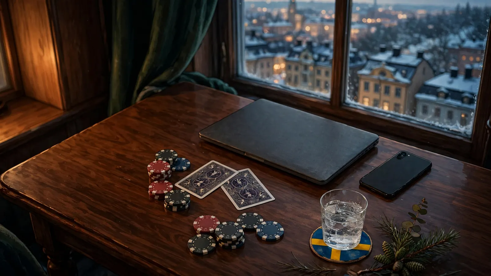 Casinobord med marker och kort intill en stängd laptop i vinterljus från Stockholm