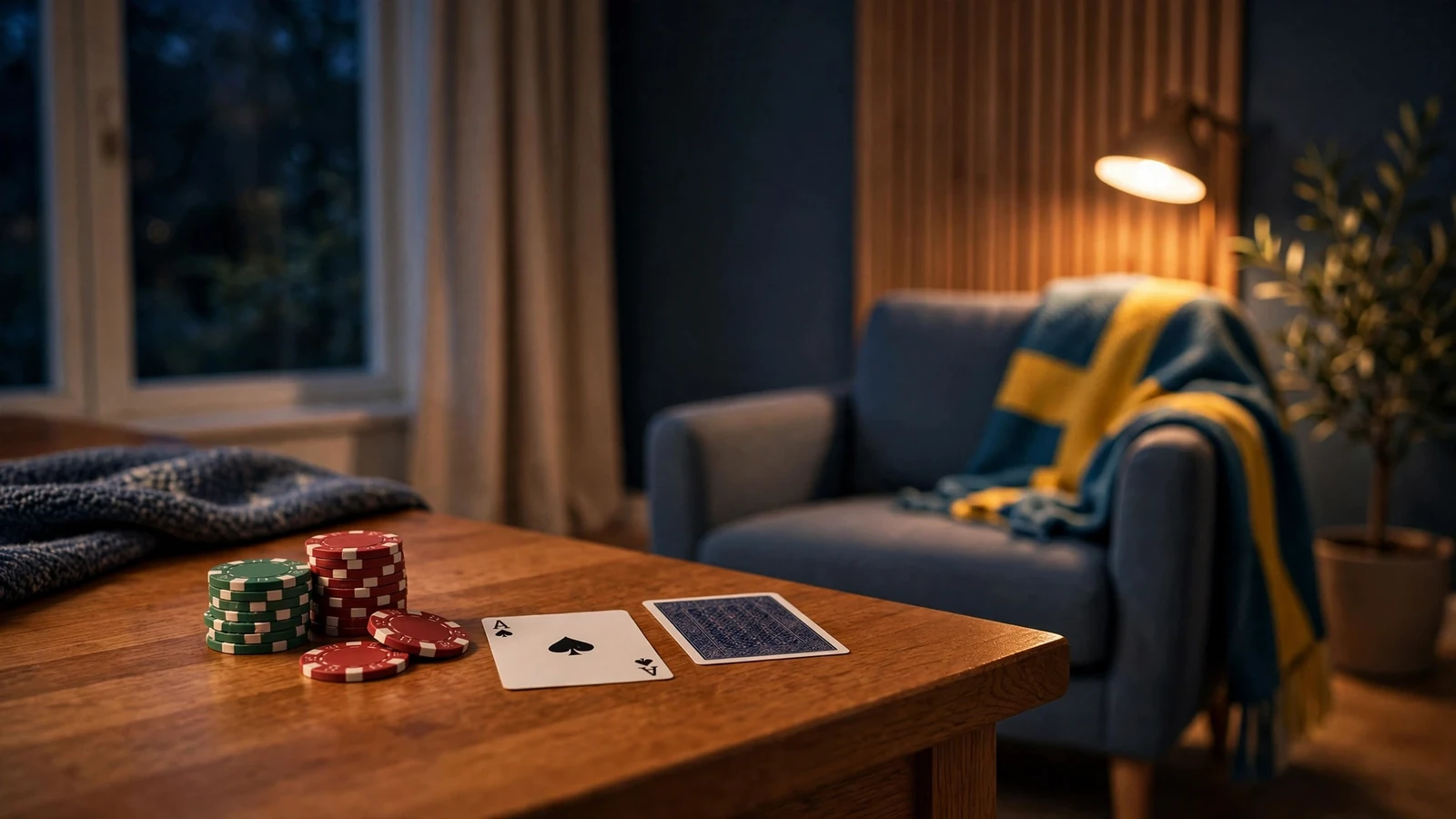 Casinochips och spelkort på ett träbord i en svensk hemmiljö