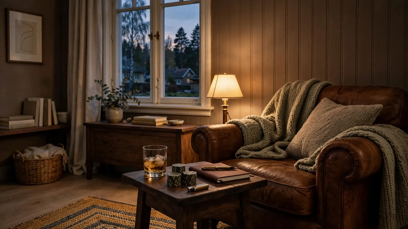 mysigt vardagsrum med casinochips och whisky i svensk inredning