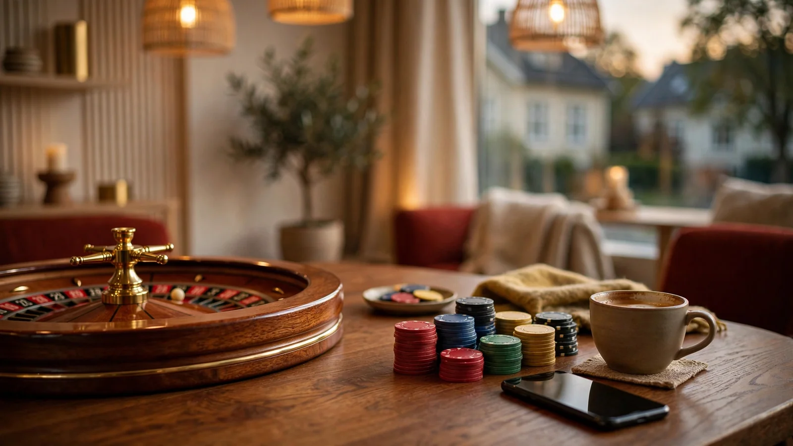 Stilfullt casinobord med marker och roulette i varm belysning