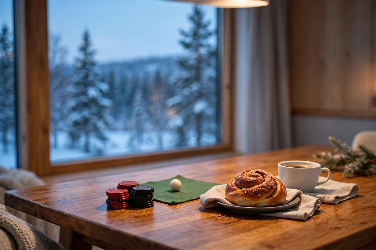 Kasinochips, rouletteboll och fika på ett bord med svenskt vinterlandskap synligt genom fönstret