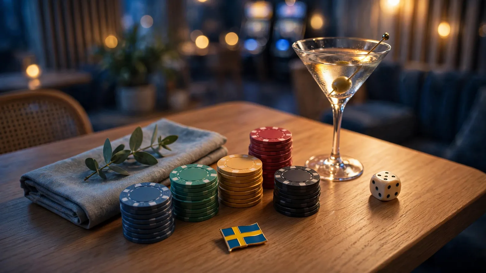 Casinobord med marker, tärning och svensk flagga i varm belysning