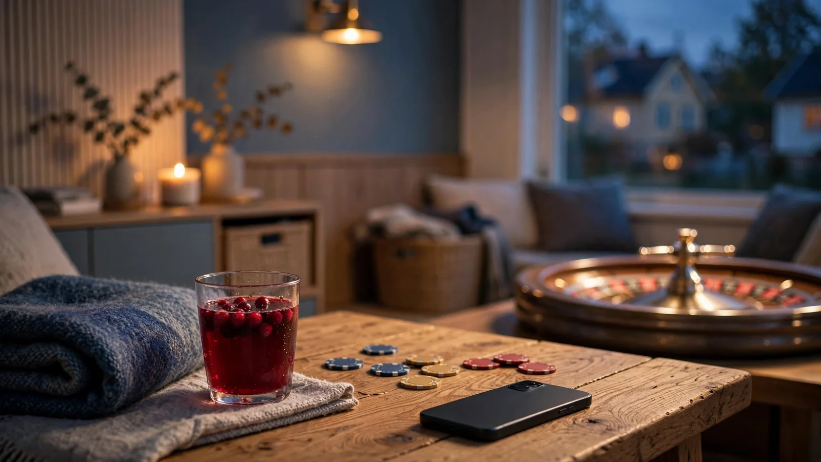 Mysigt nordiskt vardagsrum med casinotema och roulettehjul