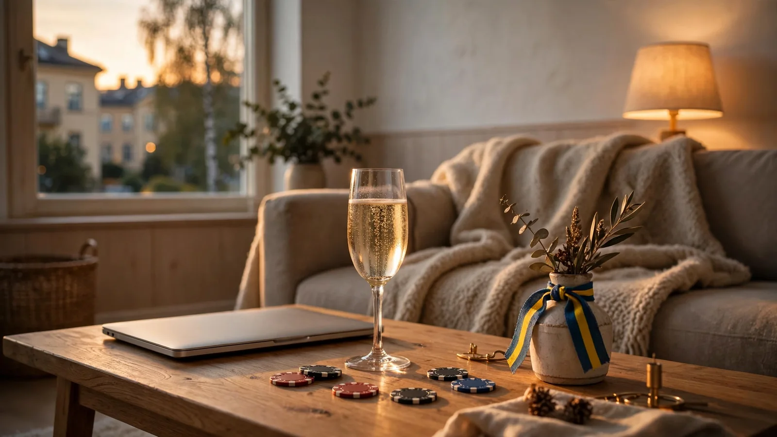 Stilren svensk vardagsrum med casinokänsla, chips och ett stängt laptop