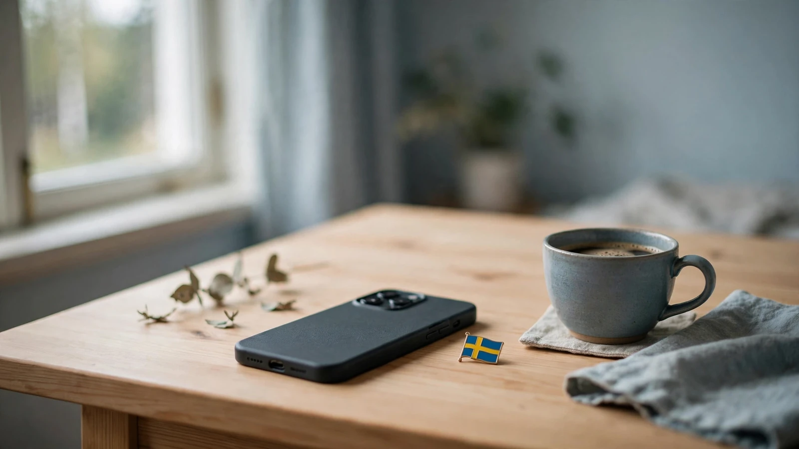 Smartphone på ett svenskt träbord vid sidan av en liten svensk flagga