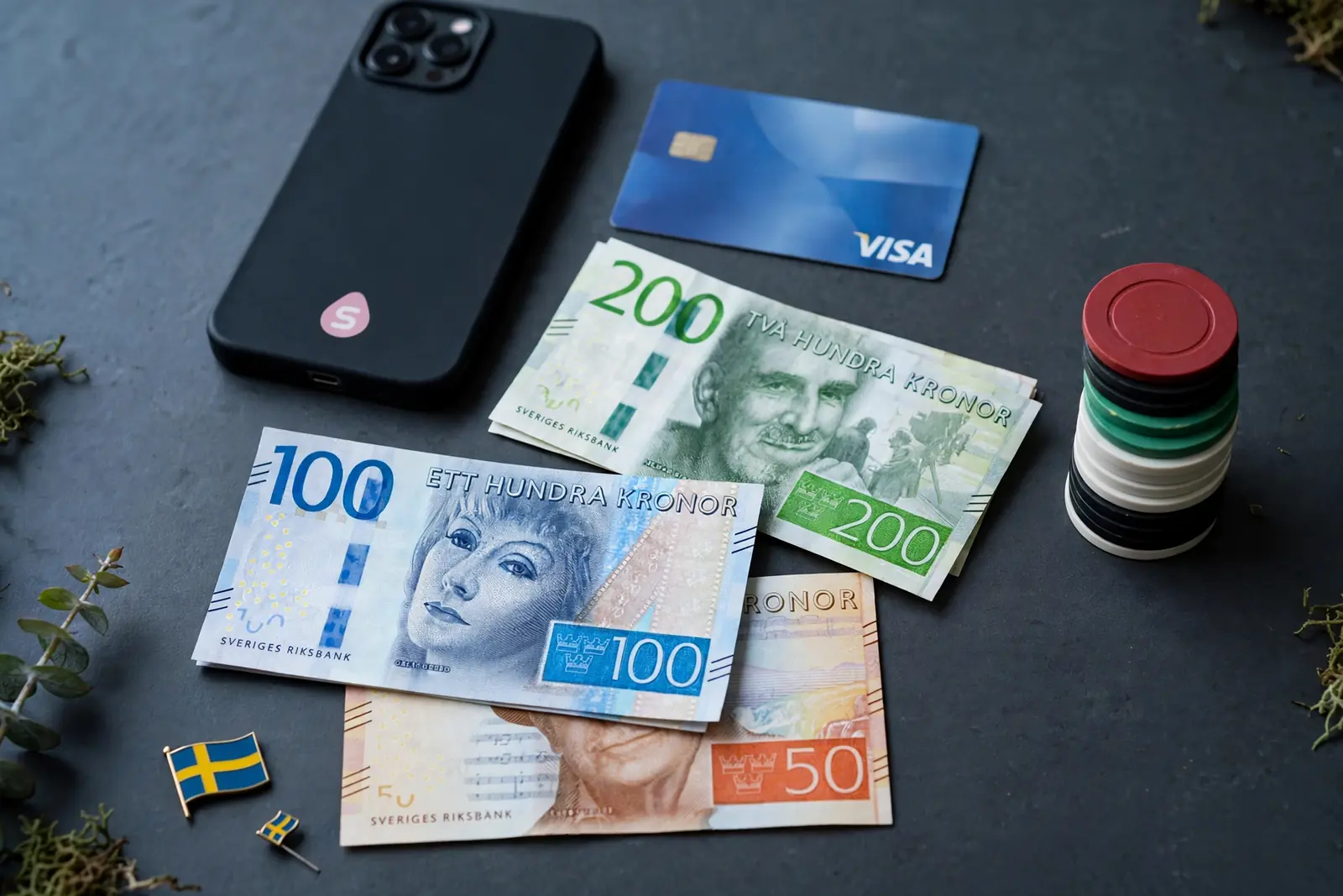 Bord med Swish-telefon, bankkort, svenska sedlar och casinofigurer