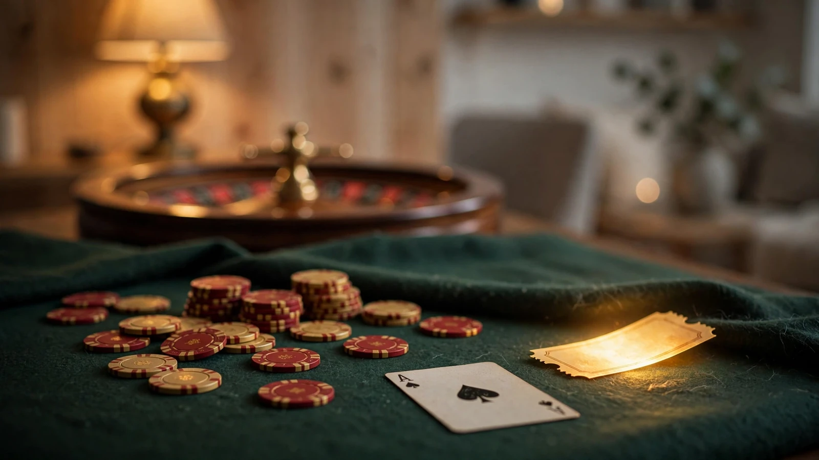 Casinochips, spelkort och roulette på ett bord