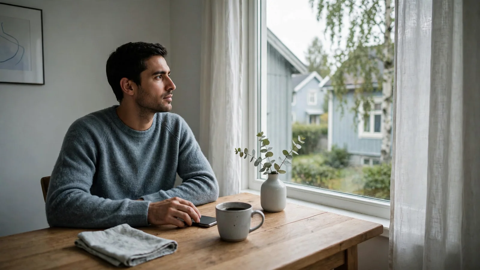 Person vid fönster med mobiltelefonen vänd nedåt och kaffe, lugn svensk inredning.