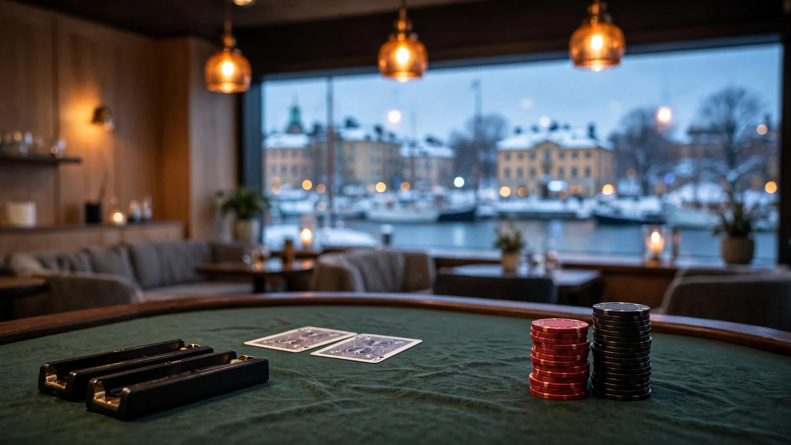 Baccaratbord med marker och kort i elegant svensk casinomiljö