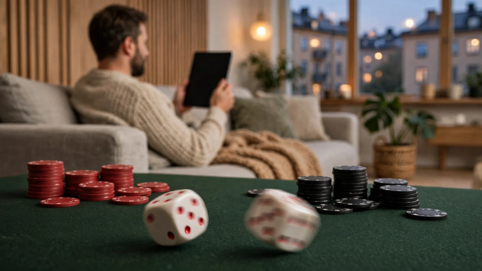 Tärningar som rullar på grönt casinobord med färgade marker, stämningsfullt vardagsrum i Stockholm.