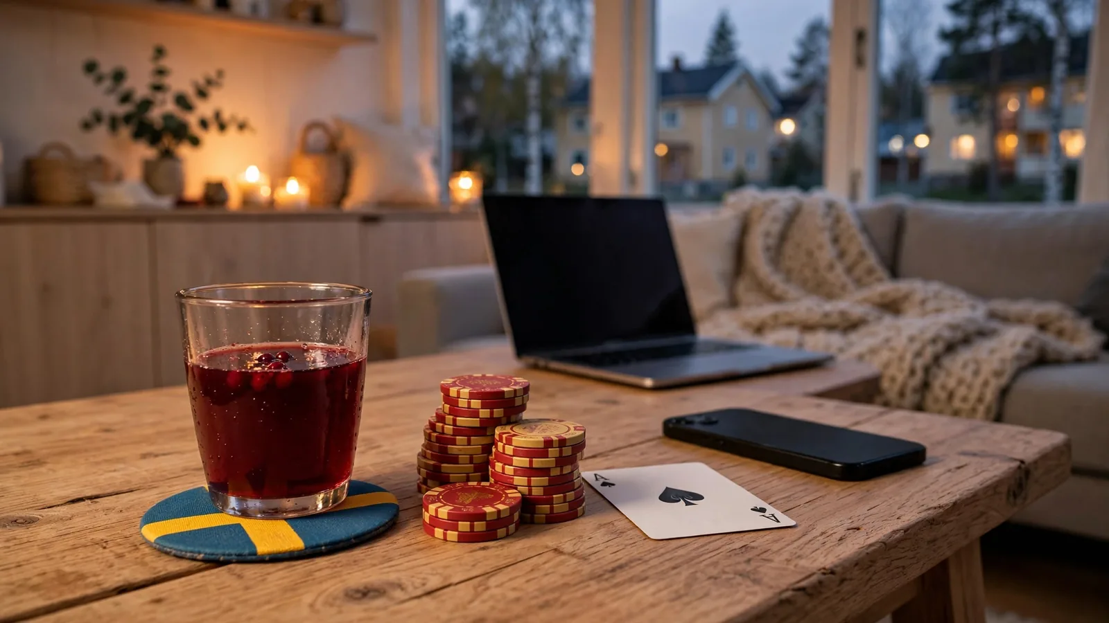 Casinochips, spelkort och en mobiltelefon på ett svenskt vardagsbord