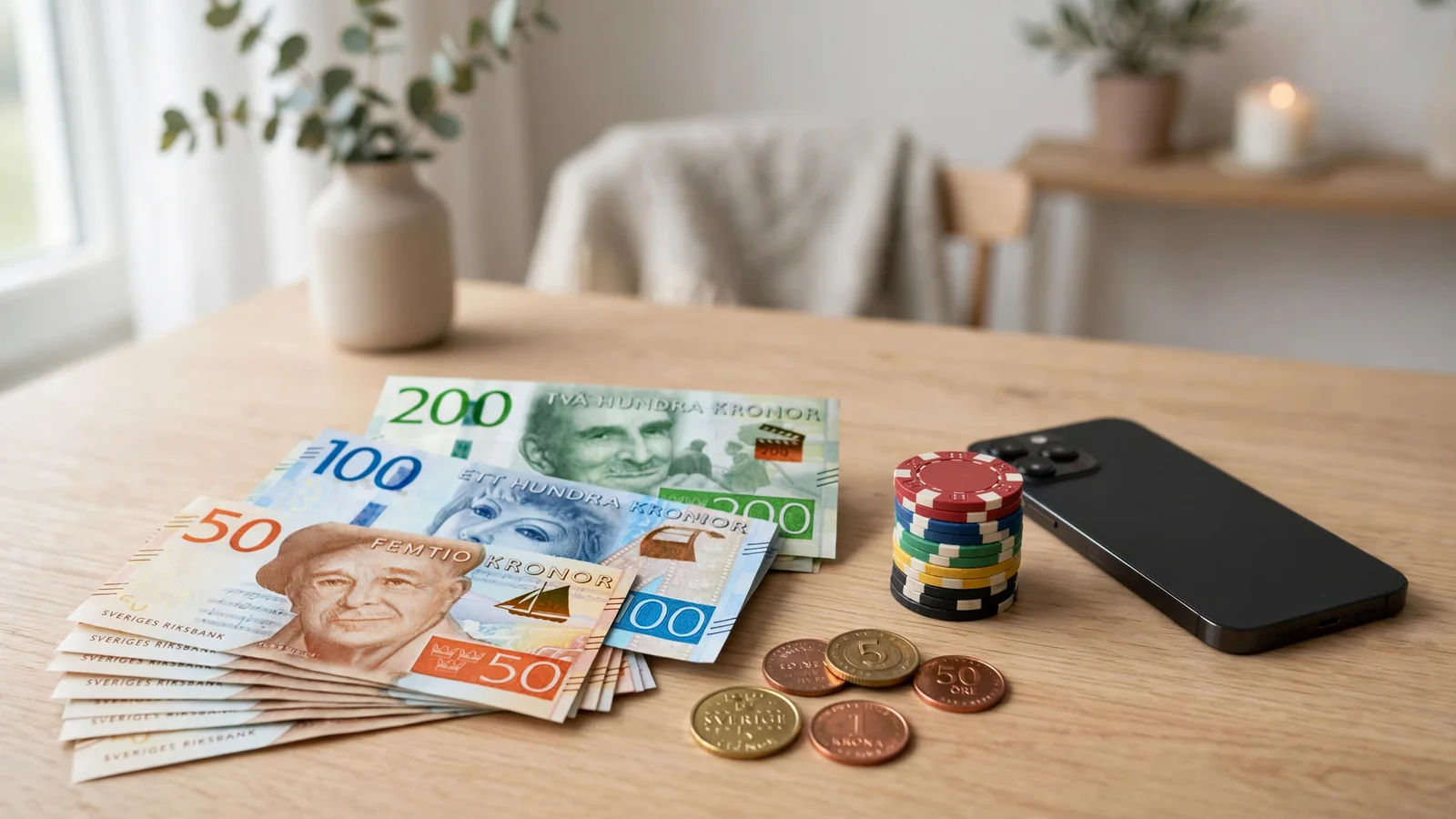 Svenska kronor och casinofigurer på ett ljust nordiskt träbord