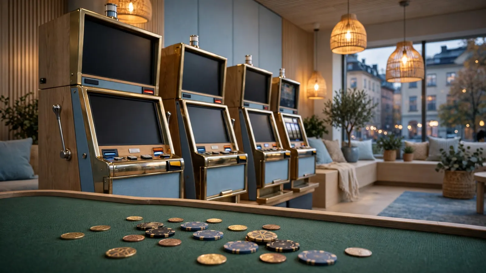 Modern skandinavisk casinolounge med klassiska spelautomater i varm belysning