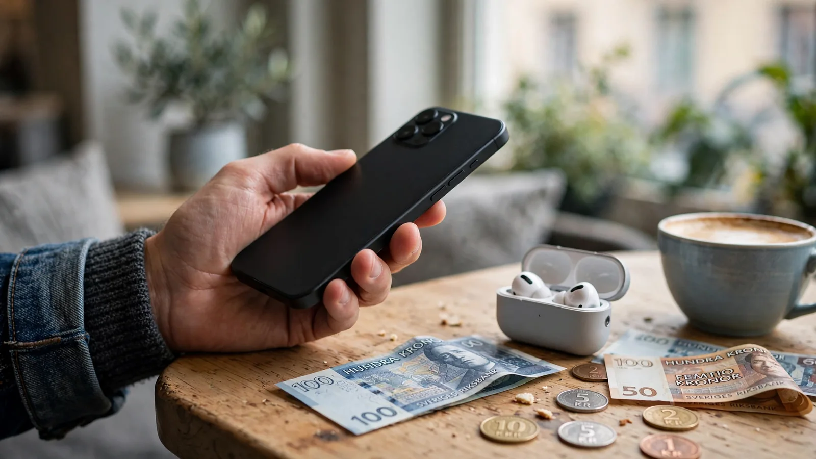 Smartphonen vänd nedåt på ett kafébord i Stockholm med svenska kronor och kaffekopp