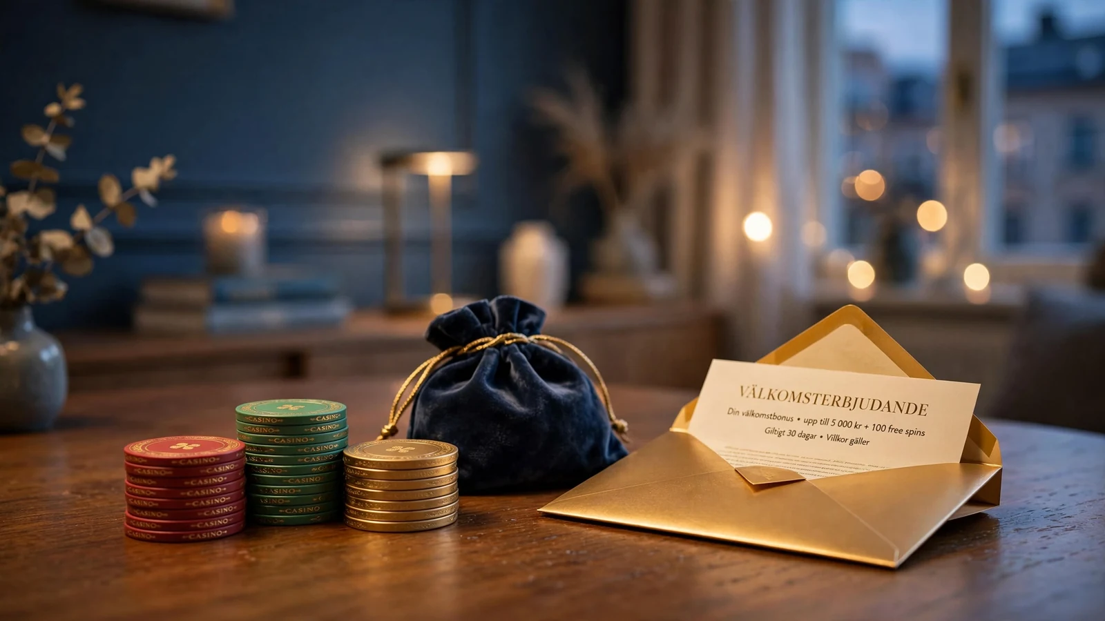Casino-chips och ett gyllene kuvert på ett bord i en elegant svensk lägenhet