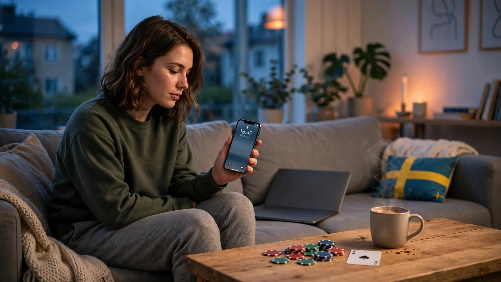 Svensk vardagsrum med casinotema och mobil utan BankID