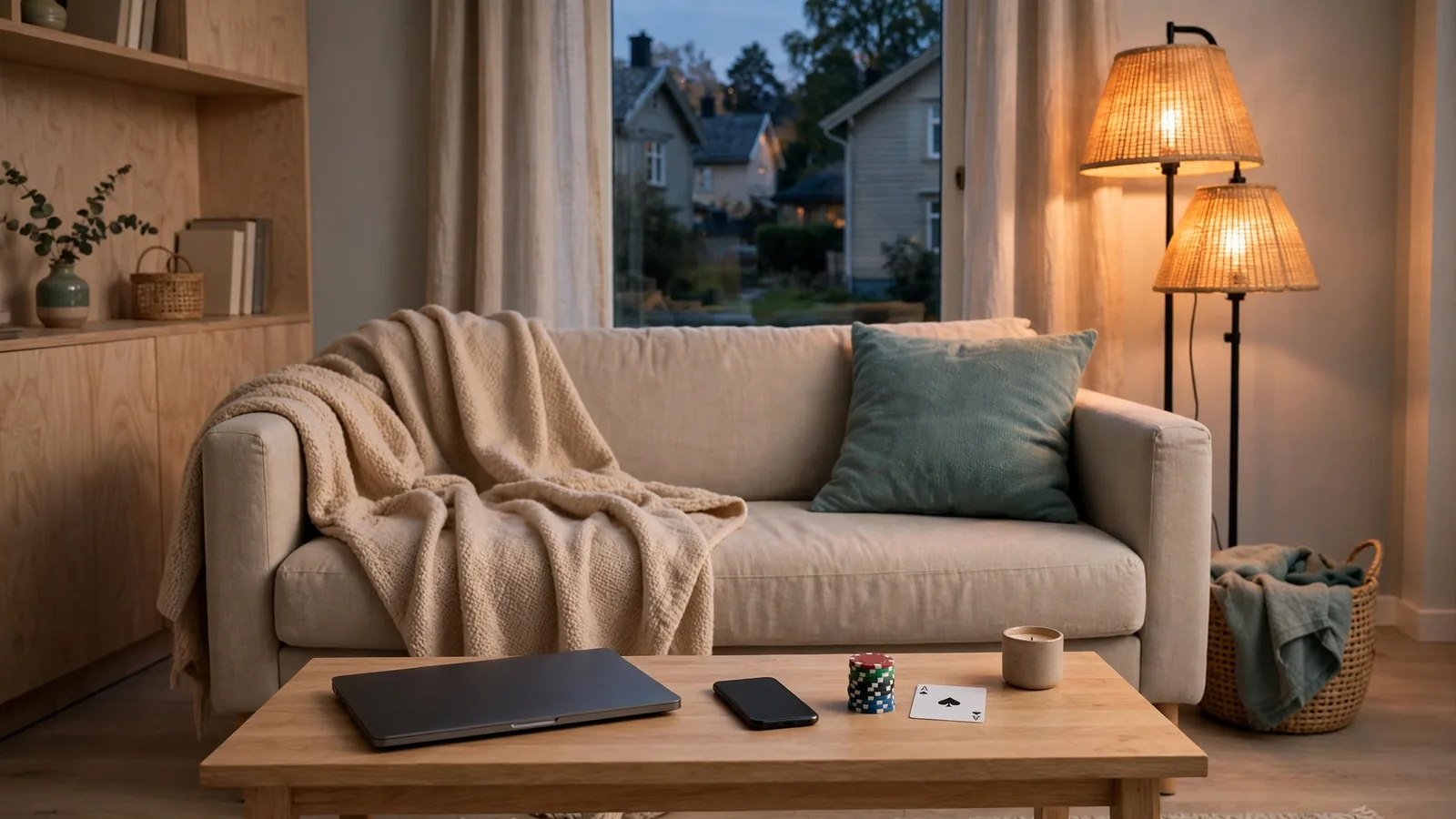 Stängd laptop med casinotema och marker på soffbord i svensk vardagsrum