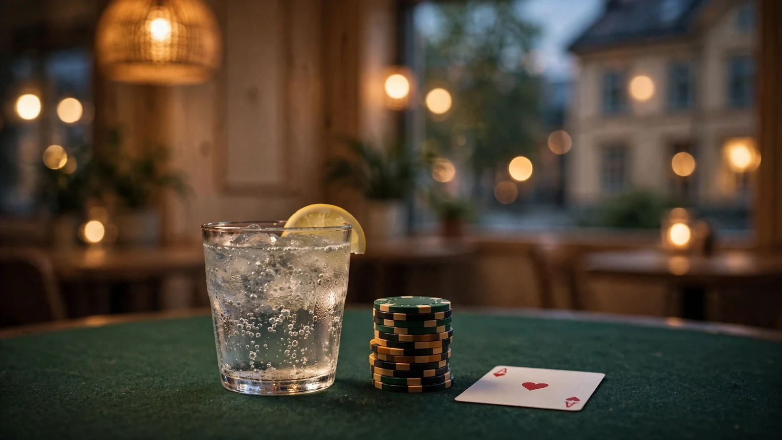 Casinochips och ett ess på grönt bord med varm belysning
