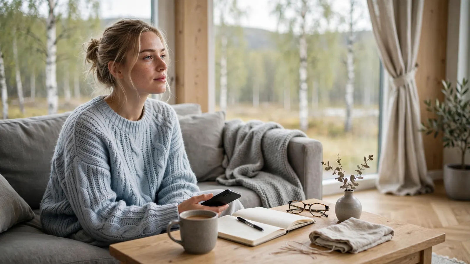 Kvinna i vardagsrum med telefon och kaffe, funderar över val av casino utomlands