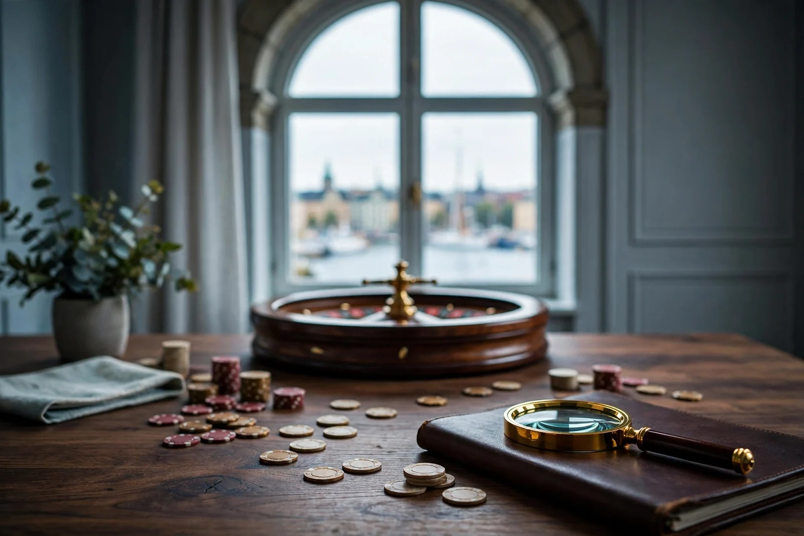 Mörkt casinobord med roulette, marker och förstoringsglas i skandinavisk inredning