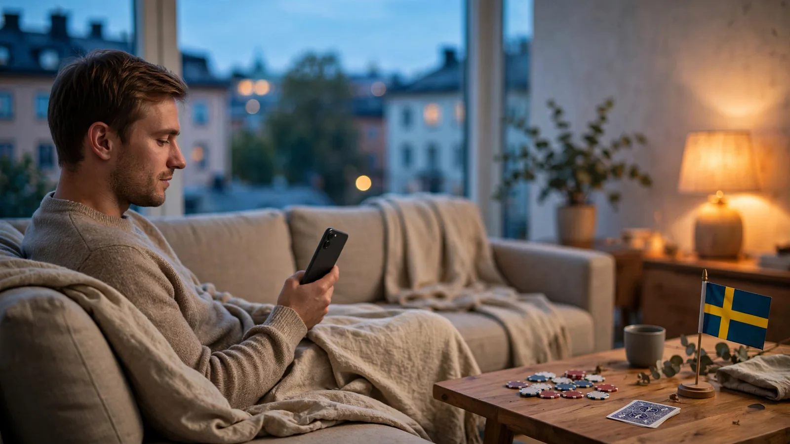 Person i svensk vardagsrum med casinospel marker och svensk flagga