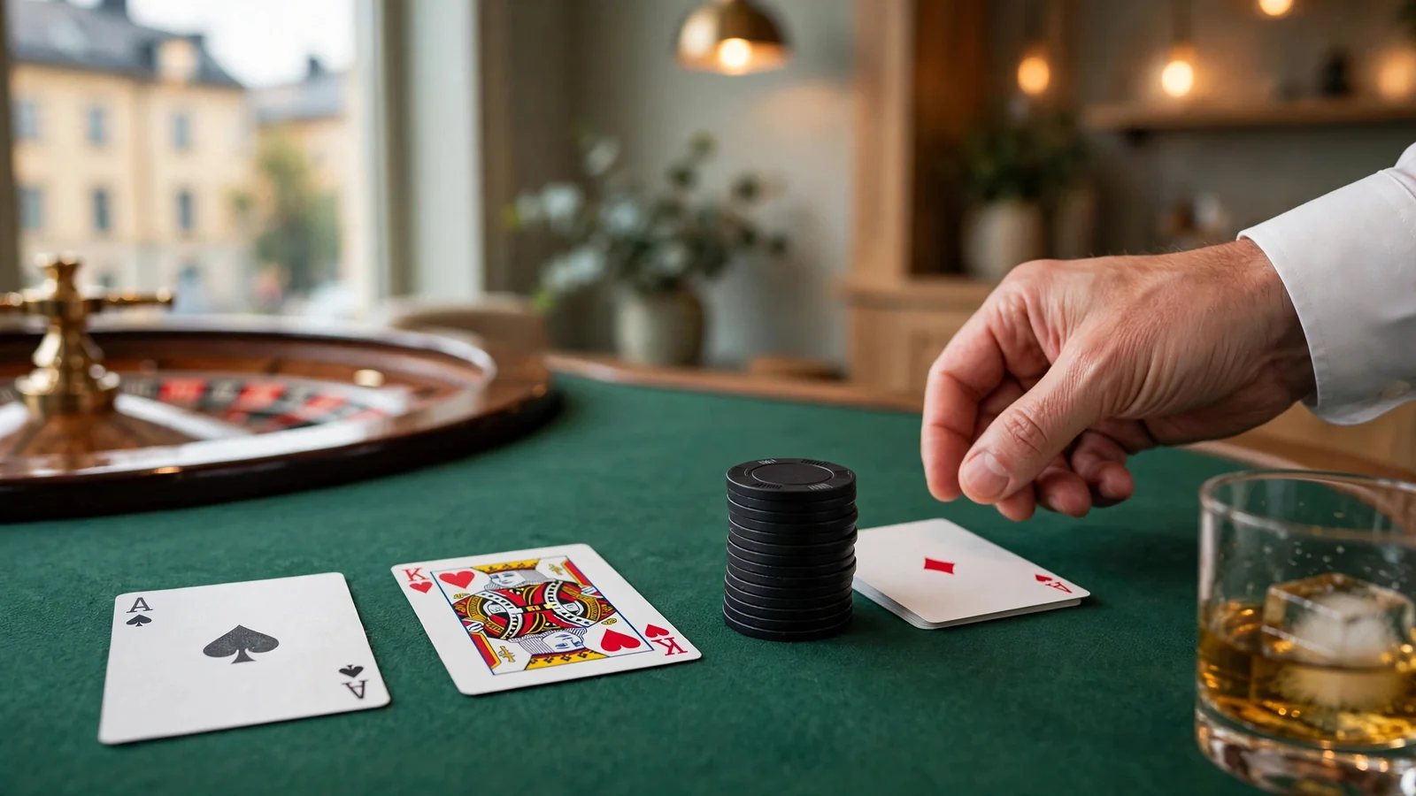 Blackjack-bord med kort och marker i en svensk casinokväll