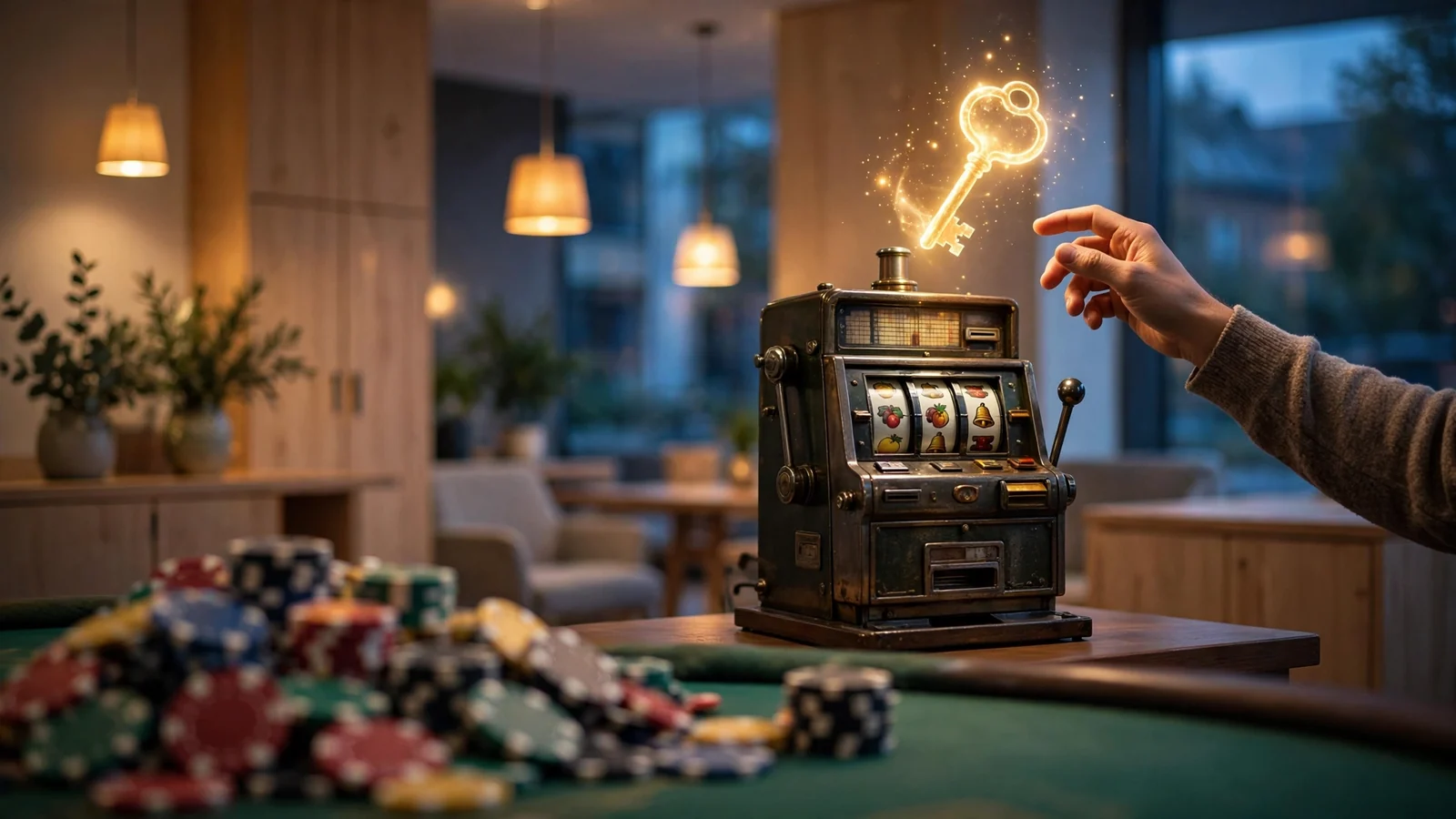 Casinomiljö med spelautomat och färgglada marker i ett svenskt rum