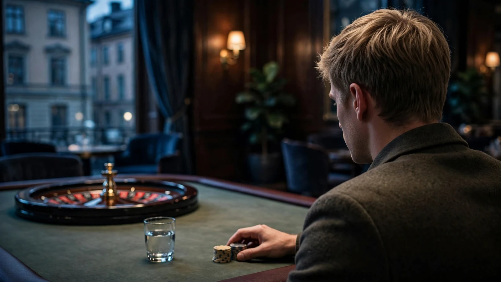 Ensam man vid ett tomt roulettbord i ett dämpat casino, fundersam och avvaktande.