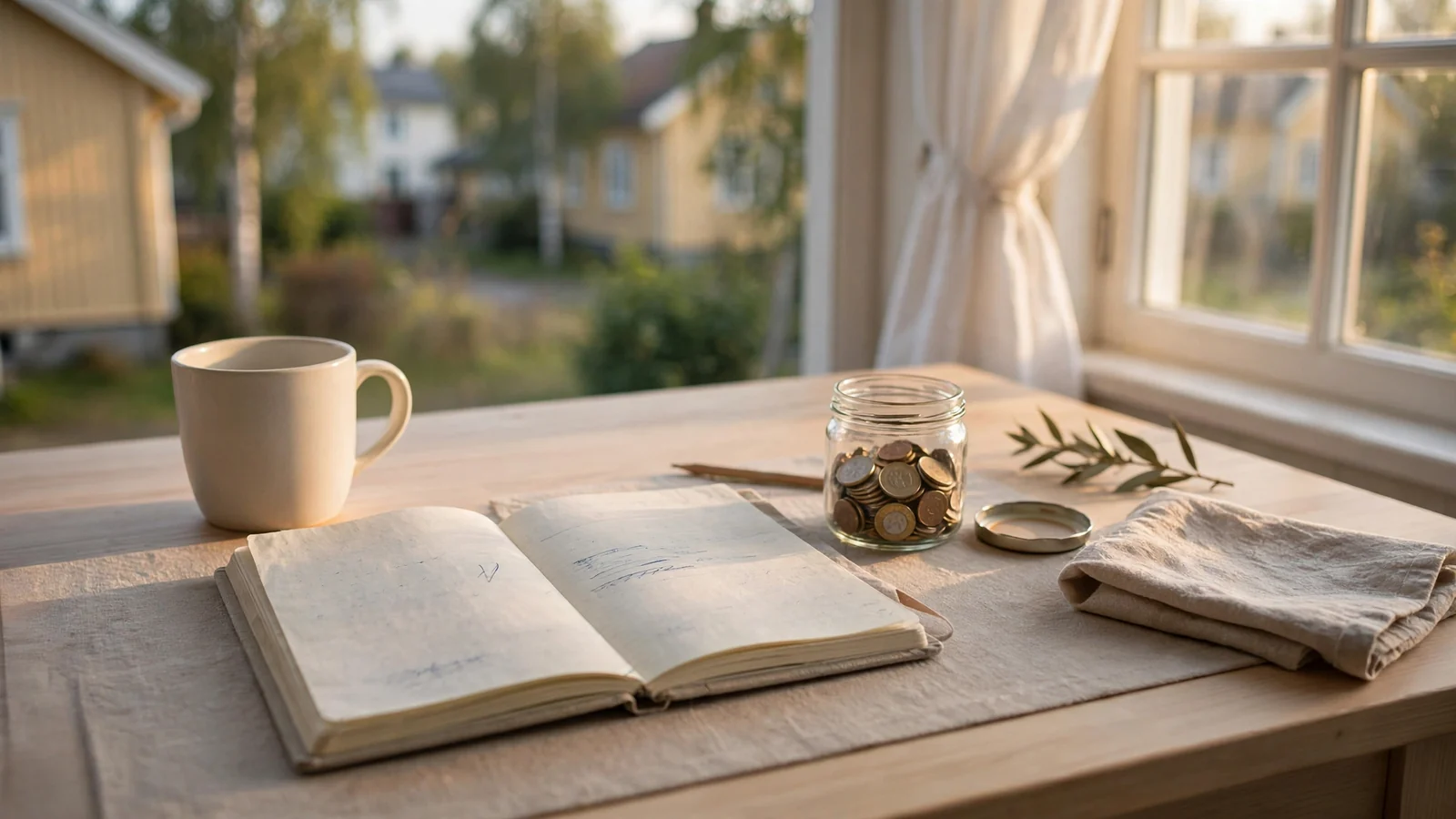 Anteckningsbok med budget bredvid kaffekopp och myntburk