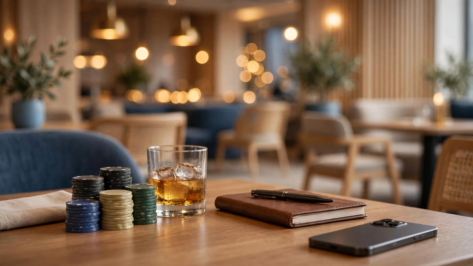 Modernt svenskt casinolounge med marker och anteckningsbok på bordet