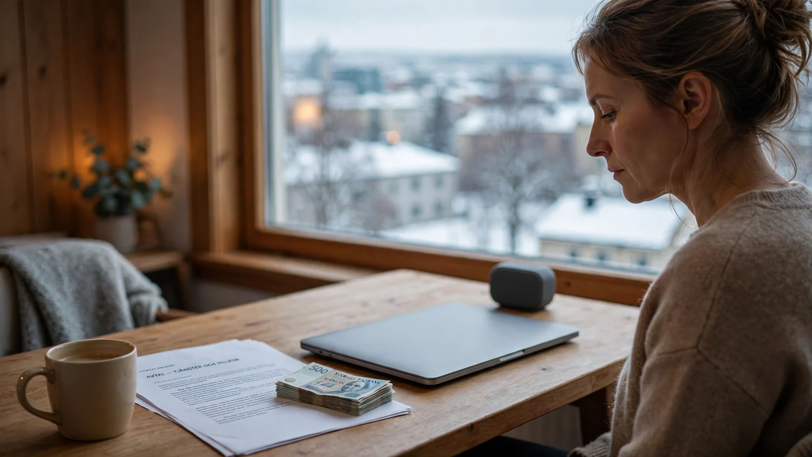 Person vid skrivbord med stängd laptop och dokument om svensk spellicens