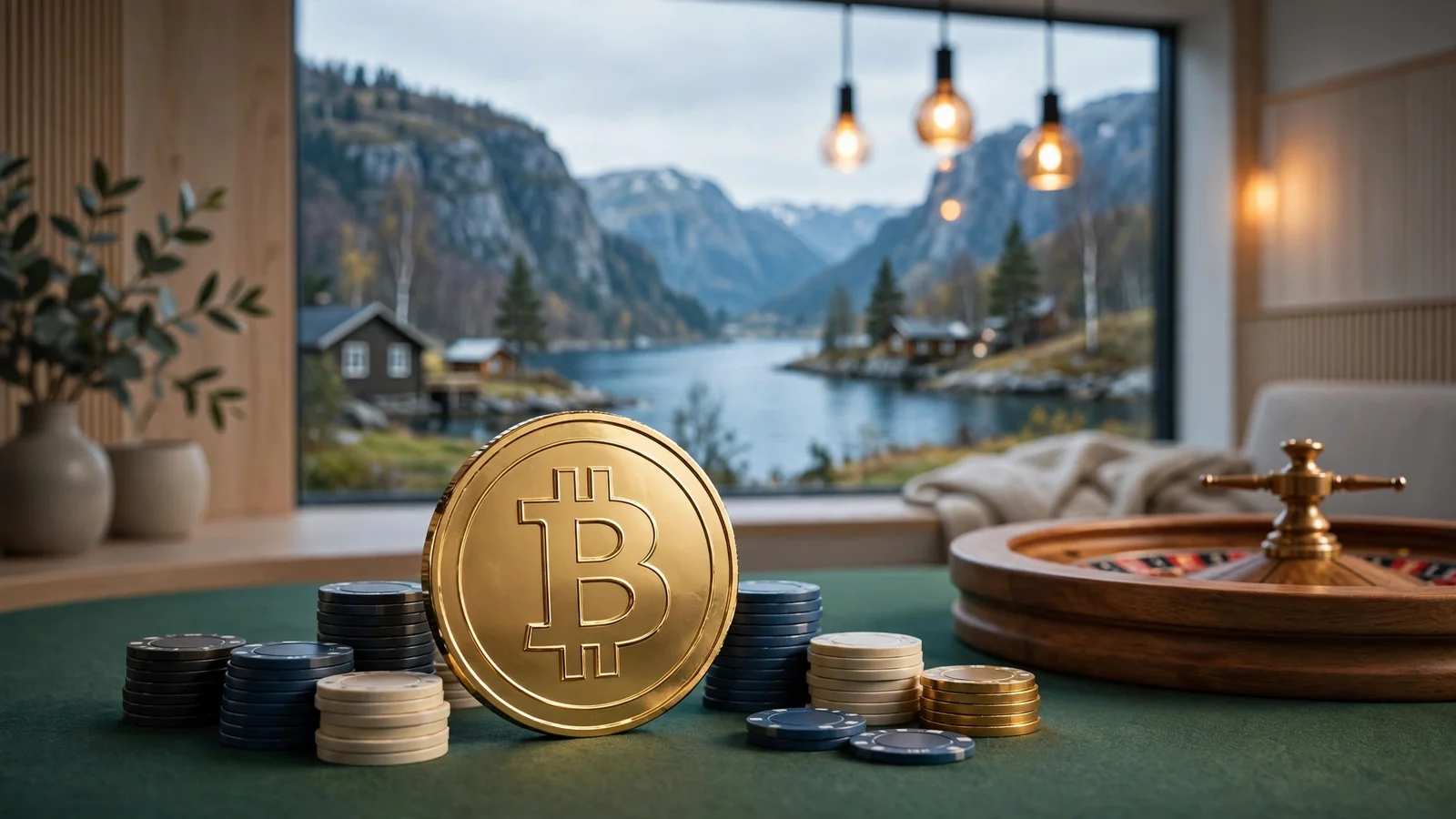 Bitcoin-mynt på casinobord med jetonger och roulette i modernt skandinaviskt rum