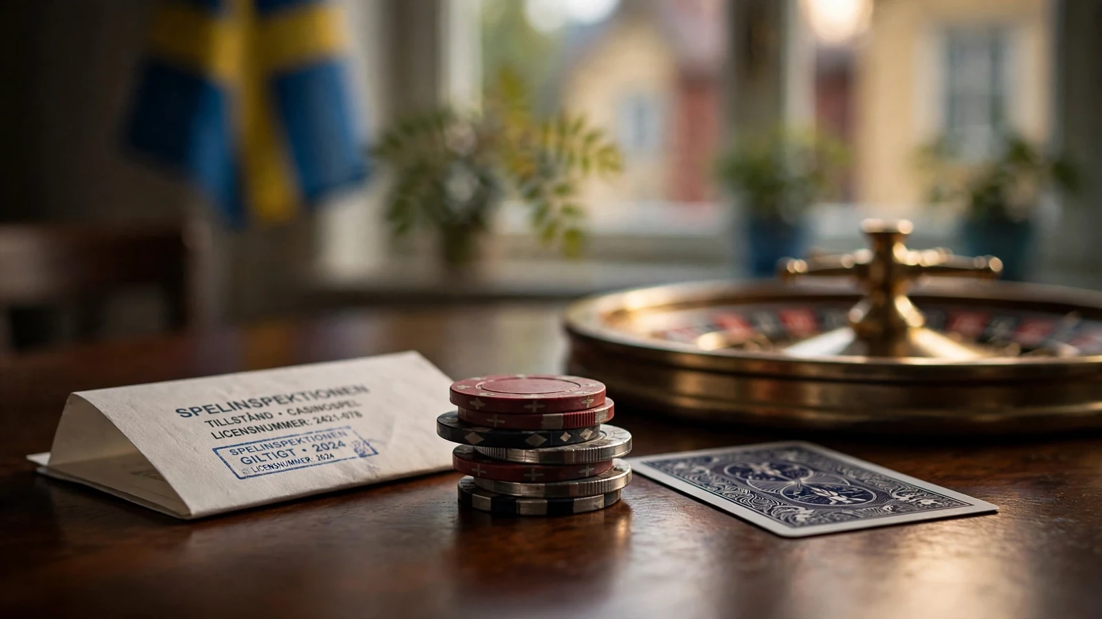 Casinochips, ett spelkort och ett roulettehjul på ett bord, med svensk flagga i bakgrunden
