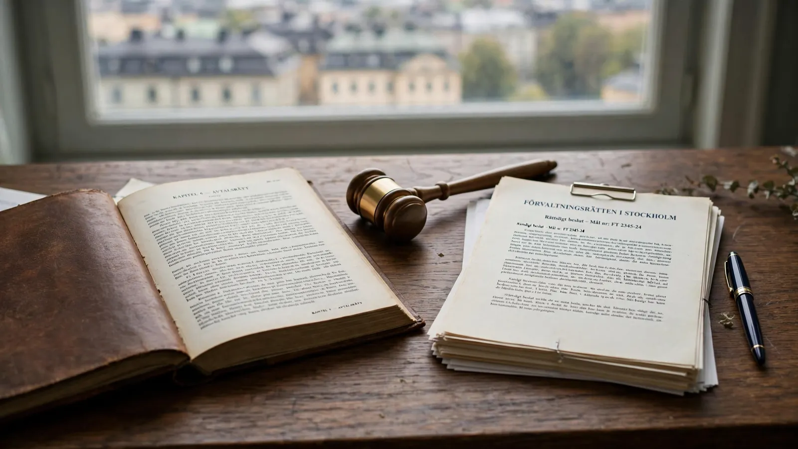 Svenskt skrivbord med juridisk bok, gavel och dokument