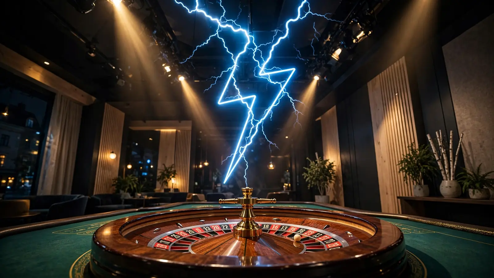Live casino-studio med roulettehjul och blixtljus