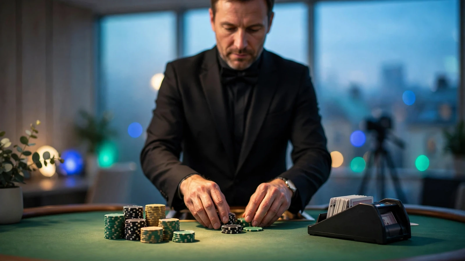 Live dealer vid blackjackbord i modernt nätcasinostudio med grönt filttyg och casinofickor