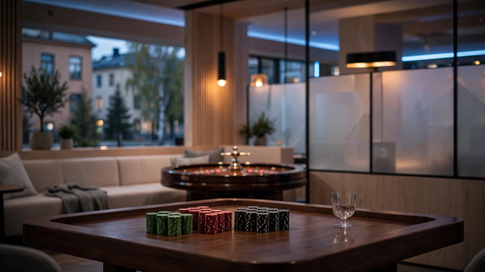 Modernt skandinaviskt casinorum med roulettebord och marker