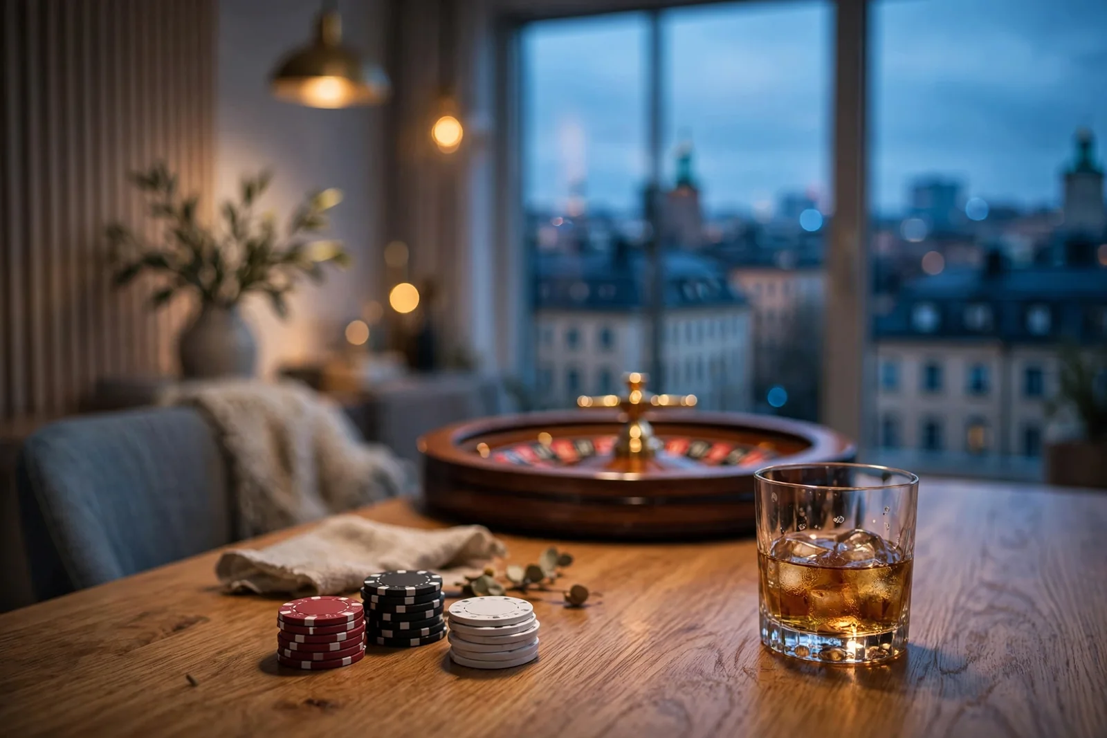 Modern skandinavisk inredning med casinotema vid skymning