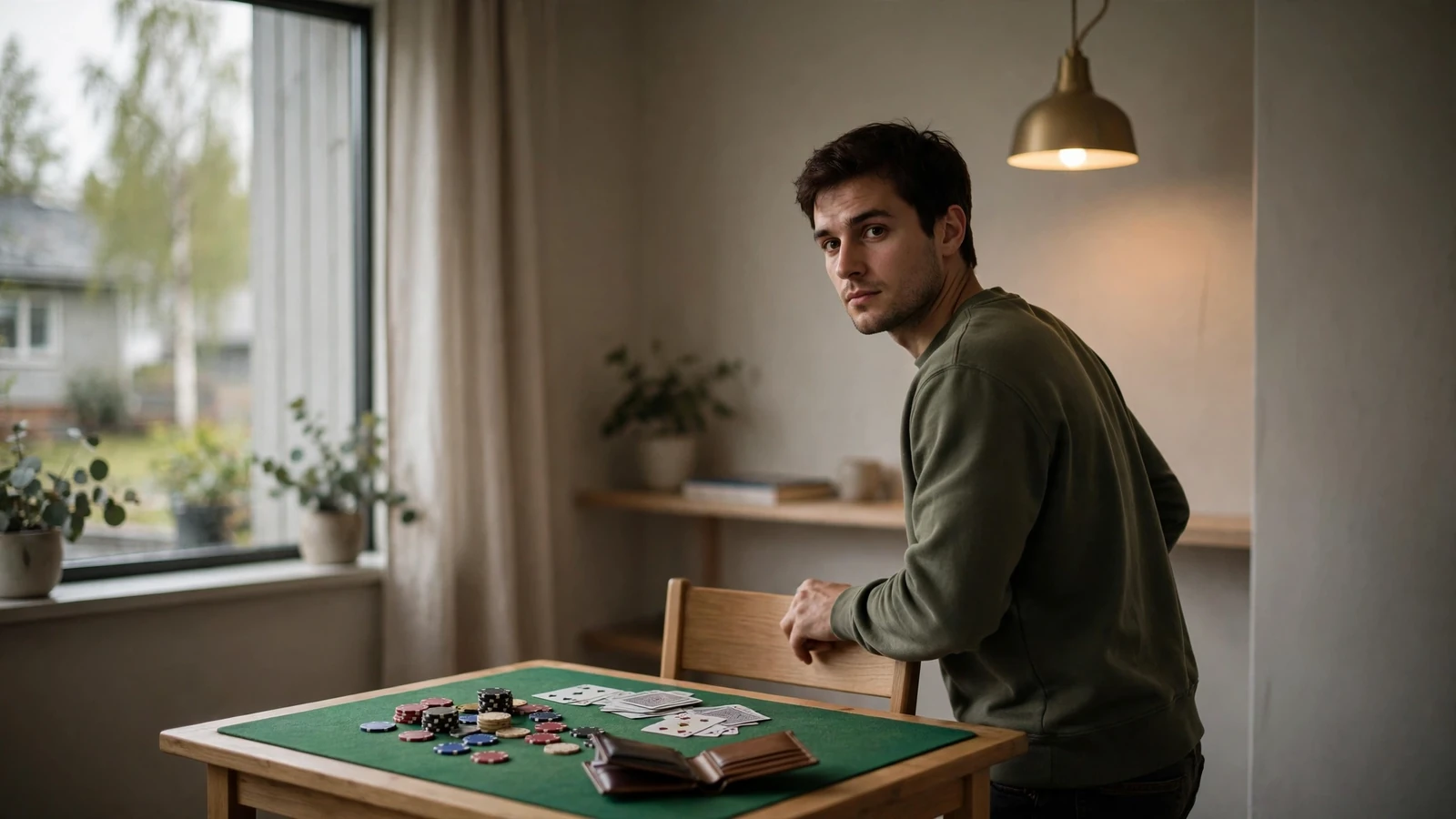 En person som reser sig från spelbordet med tom plånbok och marker kvar