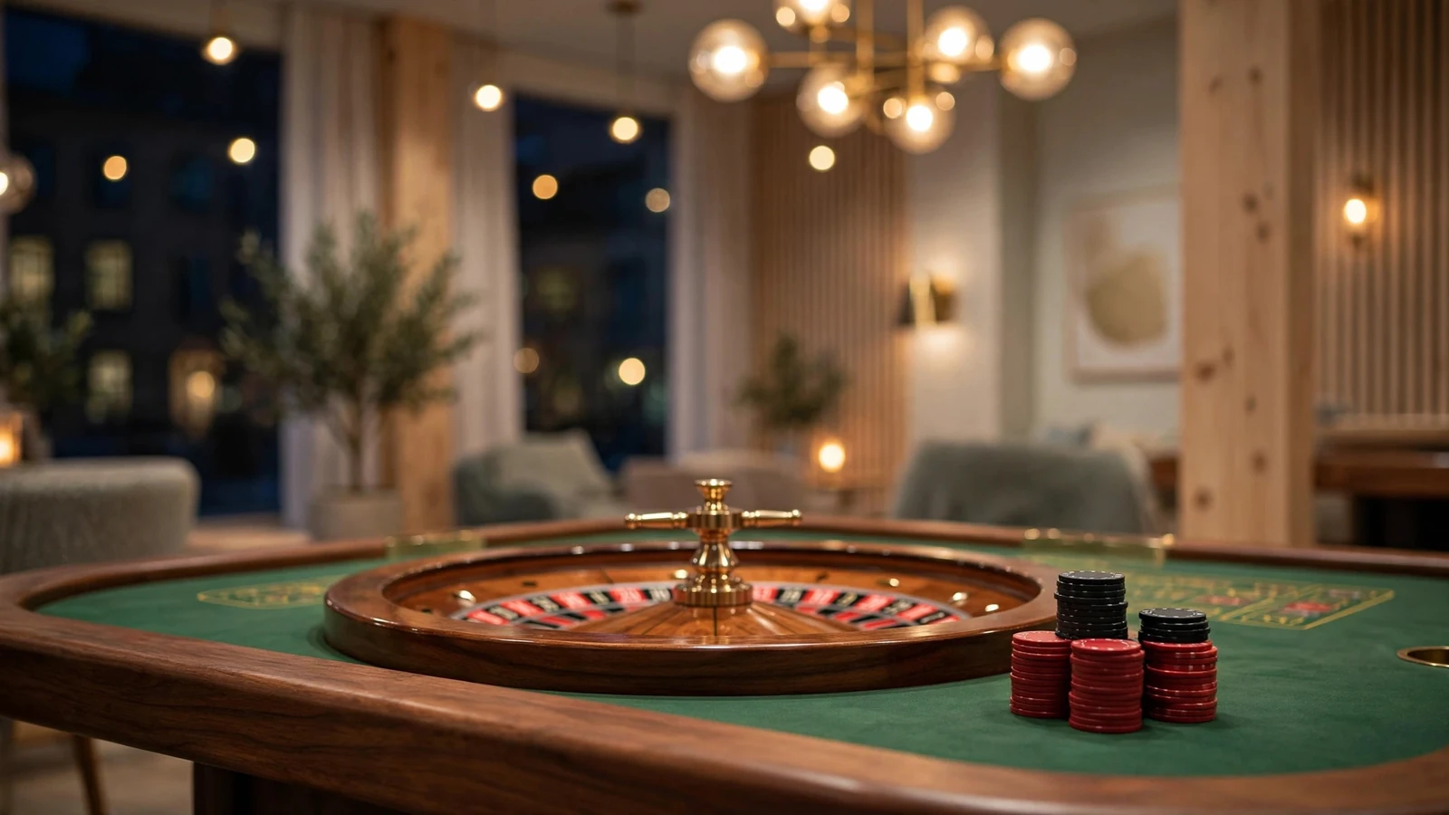 Elegant casinobord med roulette och marker i lyxig svensk inredning